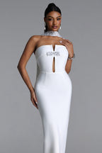 WHITE MAXI DRESS WITHOUT STRAPS WITH CUTOUT AND PEARL DETAIL