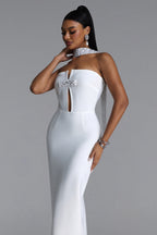 WHITE MAXI DRESS WITHOUT STRAPS WITH CUTOUT AND PEARL DETAIL