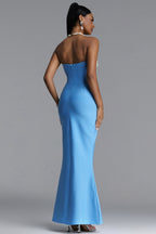 BLUE MAXI STRAPLESS DRESS WITH PEARLY ADORNMENTS