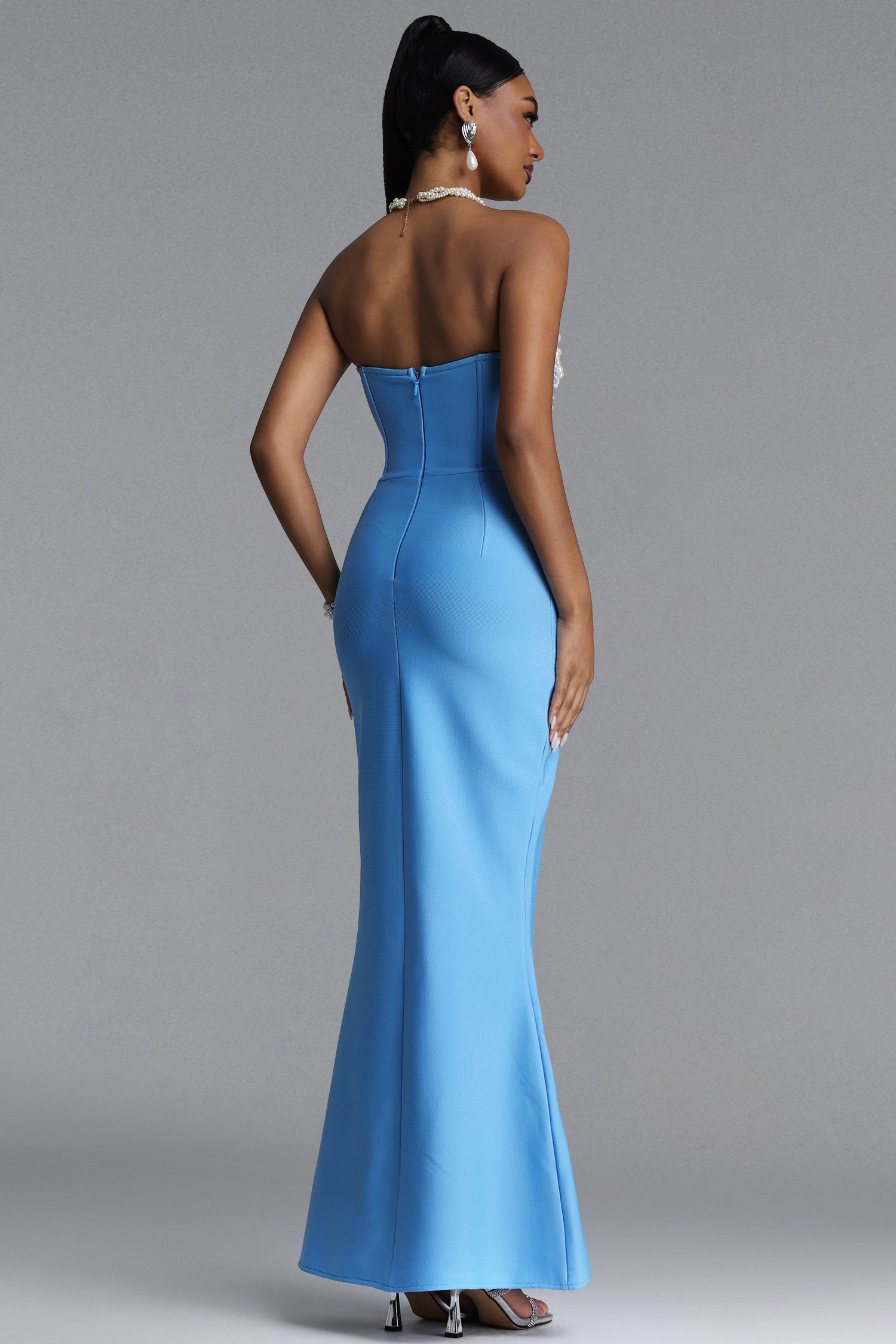 BLUE MAXI STRAPLESS DRESS WITH PEARLY ADORNMENTS