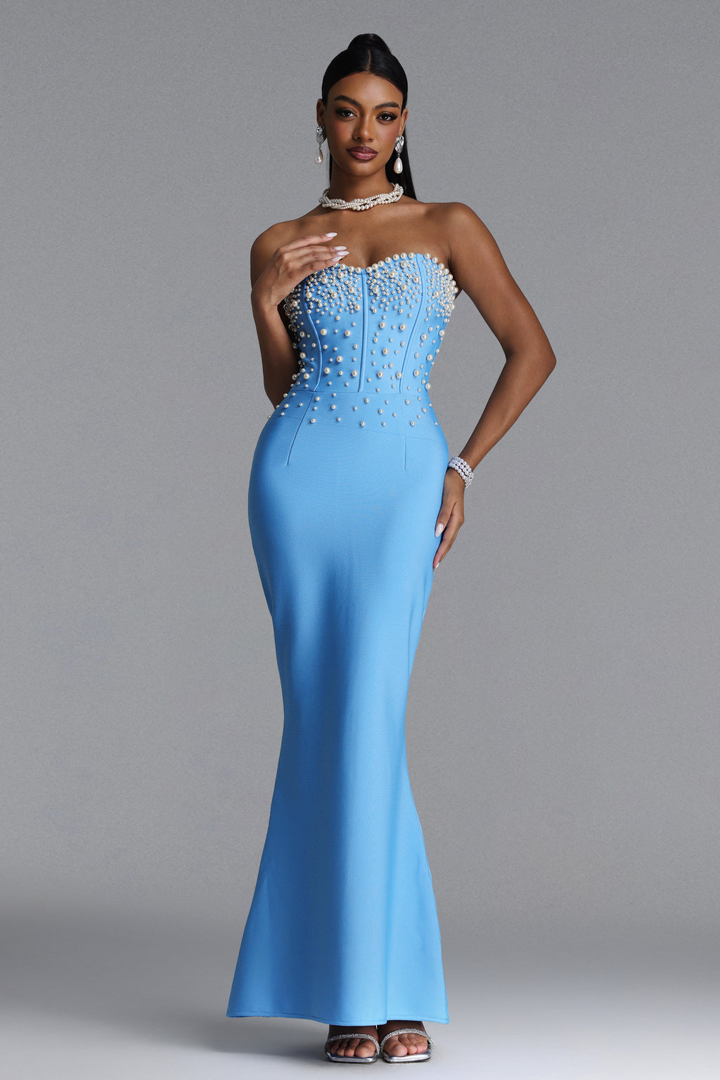 BLUE MAXI STRAPLESS DRESS WITH PEARLY ADORNMENTS