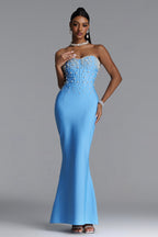 BLUE MAXI STRAPLESS DRESS WITH PEARLY ADORNMENTS