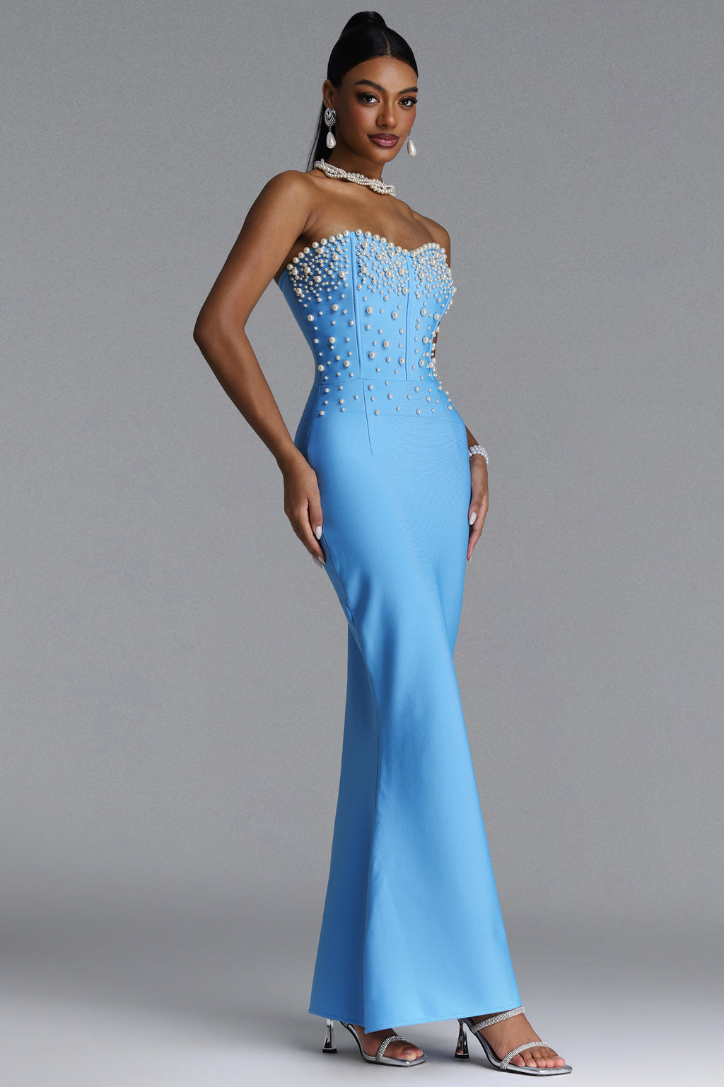 BLUE MAXI STRAPLESS DRESS WITH PEARLY ADORNMENTS