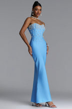 BLUE MAXI STRAPLESS DRESS WITH PEARLY ADORNMENTS