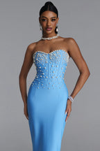 BLUE MAXI STRAPLESS DRESS WITH PEARLY ADORNMENTS