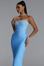 BLUE MAXI STRAPLESS DRESS WITH PEARLY ADORNMENTS