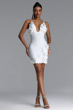 WHITE MINI DRESS WITH DEEP DECIMAL AND FLORAL APPS