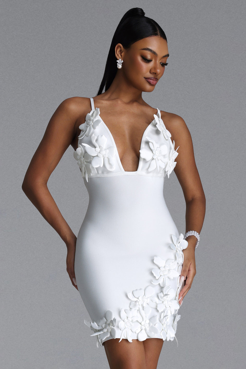 WHITE MINI DRESS WITH DEEP DECIMAL AND FLORAL APPS