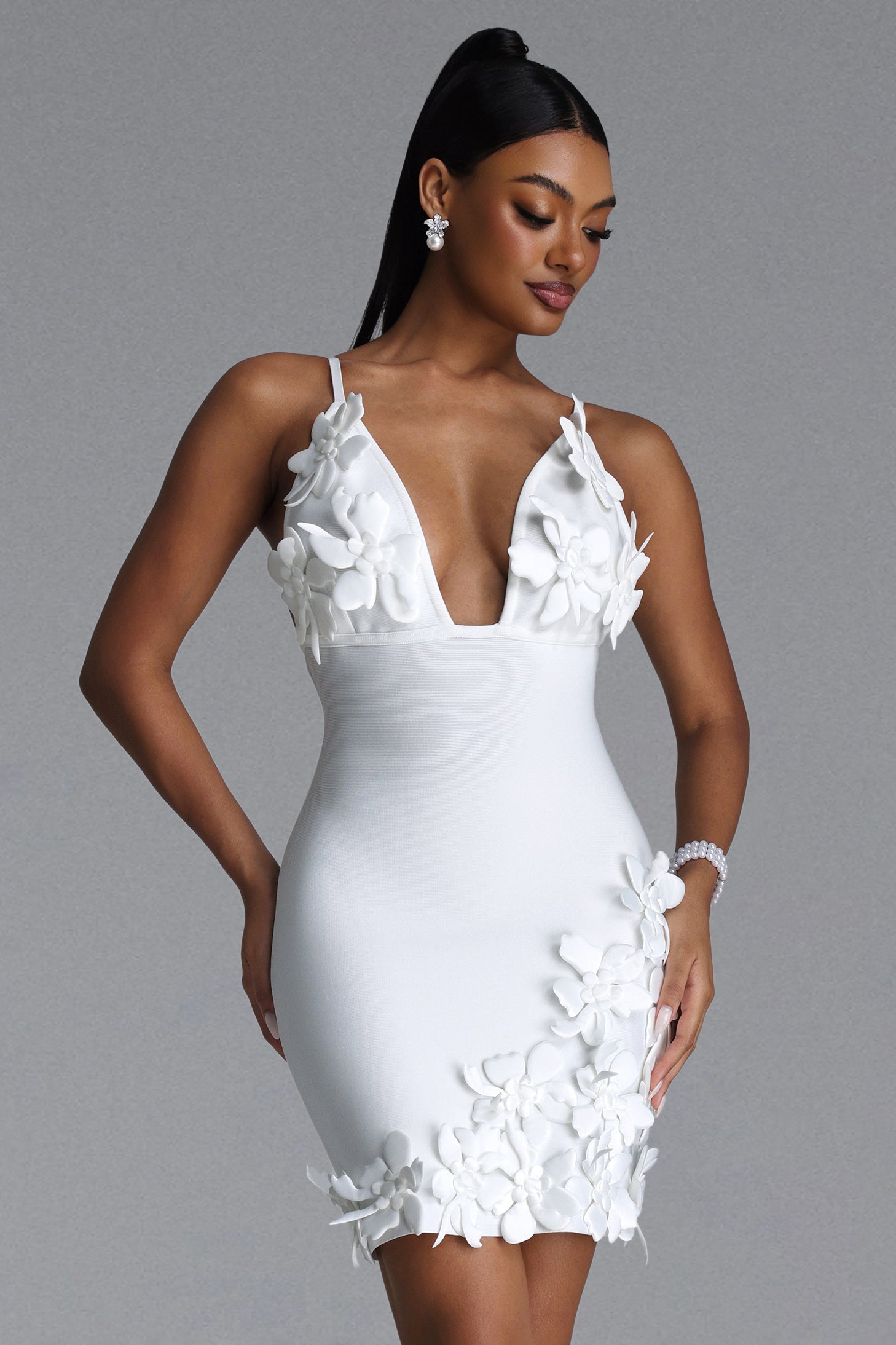 WHITE MINI DRESS WITH DEEP DECIMAL AND FLORAL APPS