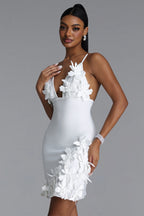 WHITE MINI DRESS WITH DEEP DECIMAL AND FLORAL APPS