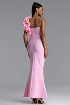 MAXI PINK DRESS FOR ONE SHOULDER WITH FLOWER AND CRYSTALS