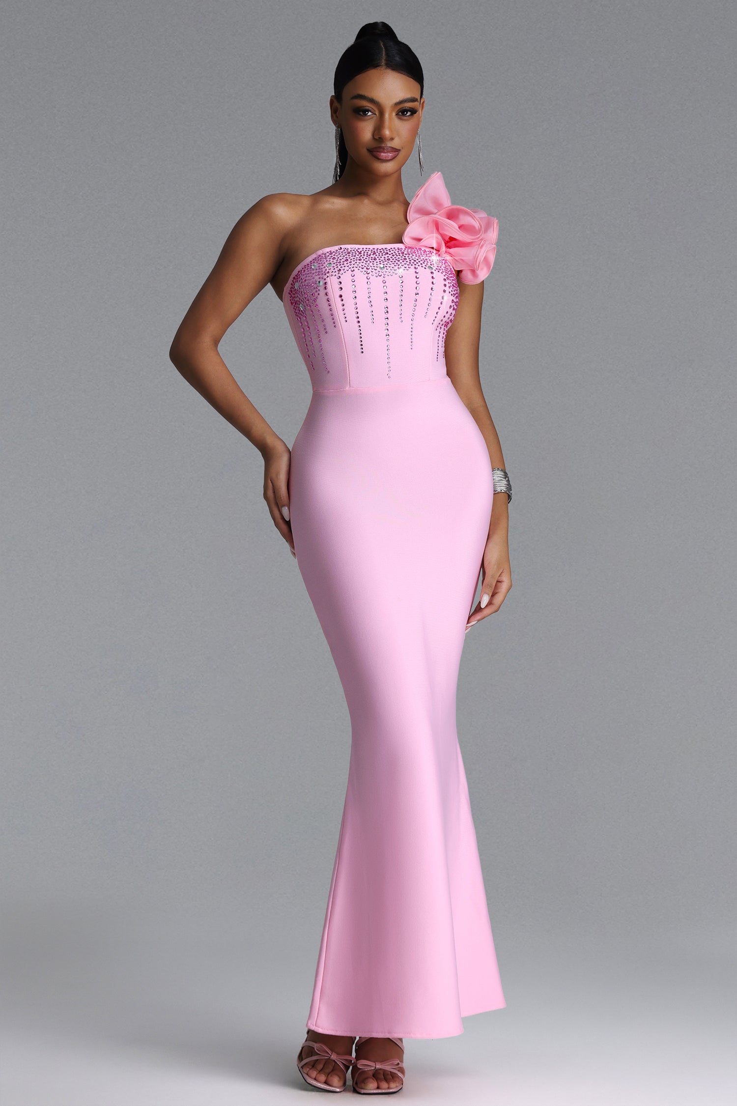 MAXI PINK DRESS FOR ONE SHOULDER WITH FLOWER AND CRYSTALS