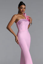 MAXI PINK DRESS FOR ONE SHOULDER WITH FLOWER AND CRYSTALS