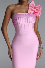 MAXI PINK DRESS FOR ONE SHOULDER WITH FLOWER AND CRYSTALS