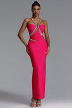 MAXI'S FAUX DRESS WITH DECORATIVE CRYSTALS AND A HALTER DECLOT