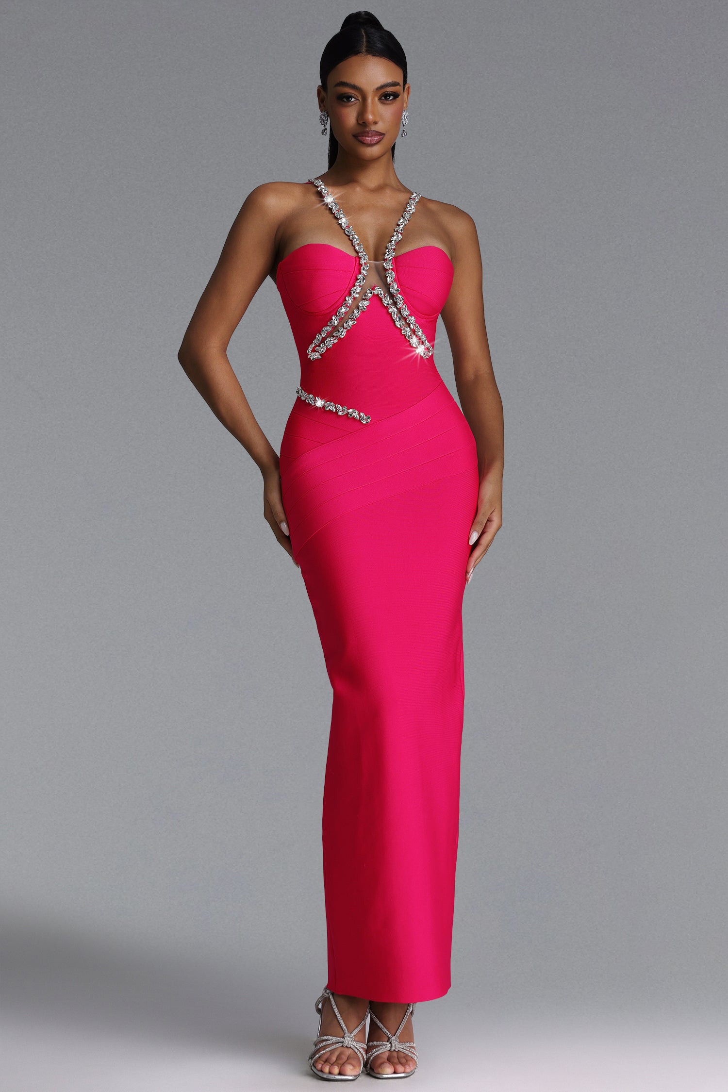 MAXI'S FAUX DRESS WITH DECORATIVE CRYSTALS AND A HALTER DECLOT