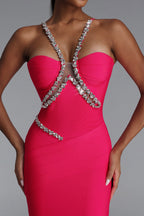 MAXI'S FAUX DRESS WITH DECORATIVE CRYSTALS AND A HALTER DECLOT