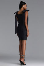 BLACK MINI DRESS WITH CORDS, CRYSTALS AND A DECIMAL V