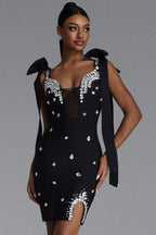 BLACK MINI DRESS WITH CORDS, CRYSTALS AND A DECIMAL V