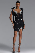 BLACK MINI DRESS WITH CORDS, CRYSTALS AND A DECIMAL V