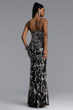 MAXI BLACK DRESS WITH SEQUINS, FLORAL PATTERN AND CUTOUT