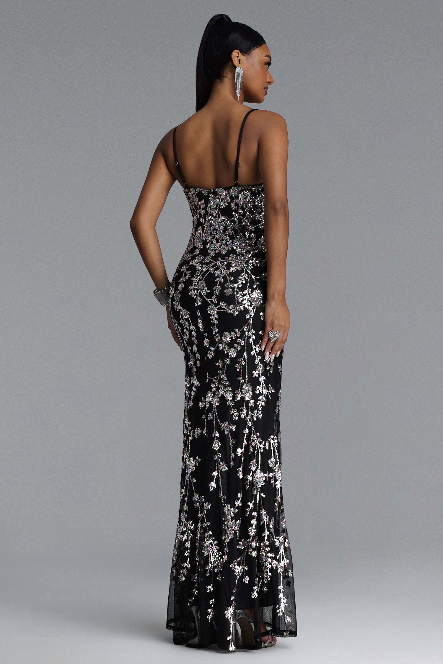 MAXI BLACK DRESS WITH SEQUINS, FLORAL PATTERN AND CUTOUT