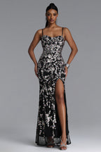 MAXI BLACK DRESS WITH SEQUINS, FLORAL PATTERN AND CUTOUT