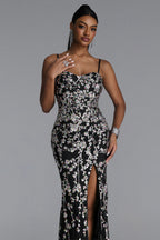 MAXI BLACK DRESS WITH SEQUINS, FLORAL PATTERN AND CUTOUT