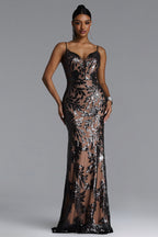 MAXI BLACK AND BEIGE DRESS WITH A SEQUINED PATTERN AND A DEEP DECIMAL