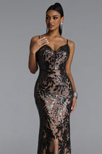 MAXI BLACK AND BEIGE DRESS WITH A SEQUINED PATTERN AND A DEEP DECIMAL