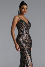 MAXI BLACK AND BEIGE DRESS WITH A SEQUINED PATTERN AND A DEEP DECIMAL