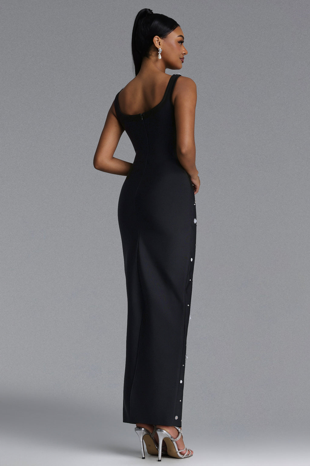 MAXI BLACK DRESS WITH CRYSTAL DECORATIONS AND JEWELRY STRAPS