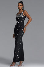 MAXI BLACK DRESS WITH CRYSTAL DECORATIONS AND JEWELRY STRAPS
