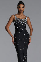 MAXI BLACK DRESS WITH CRYSTAL DECORATIONS AND JEWELRY STRAPS