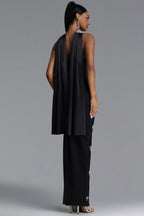MAXI BLACK STRAPLESS DRESS WITH CRYSTALS AND A DECORATIVE SCARF