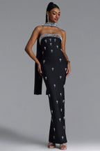 MAXI BLACK STRAPLESS DRESS WITH CRYSTALS AND A DECORATIVE SCARF