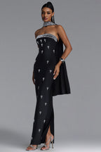 MAXI BLACK STRAPLESS DRESS WITH CRYSTALS AND A DECORATIVE SCARF