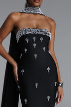 MAXI BLACK STRAPLESS DRESS WITH CRYSTALS AND A DECORATIVE SCARF