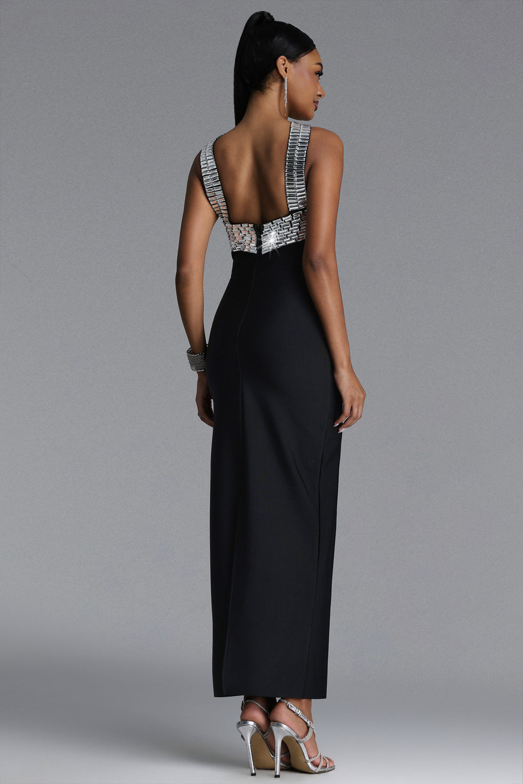 MAXI BLACK DRESS WITH DECORATIVE DECIMAL HATTER AND CRYSTALS