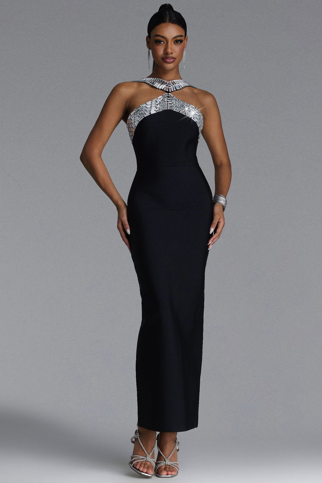 MAXI BLACK DRESS WITH DECORATIVE DECIMAL HATTER AND CRYSTALS