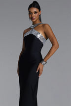 MAXI BLACK DRESS WITH DECORATIVE DECIMAL HATTER AND CRYSTALS