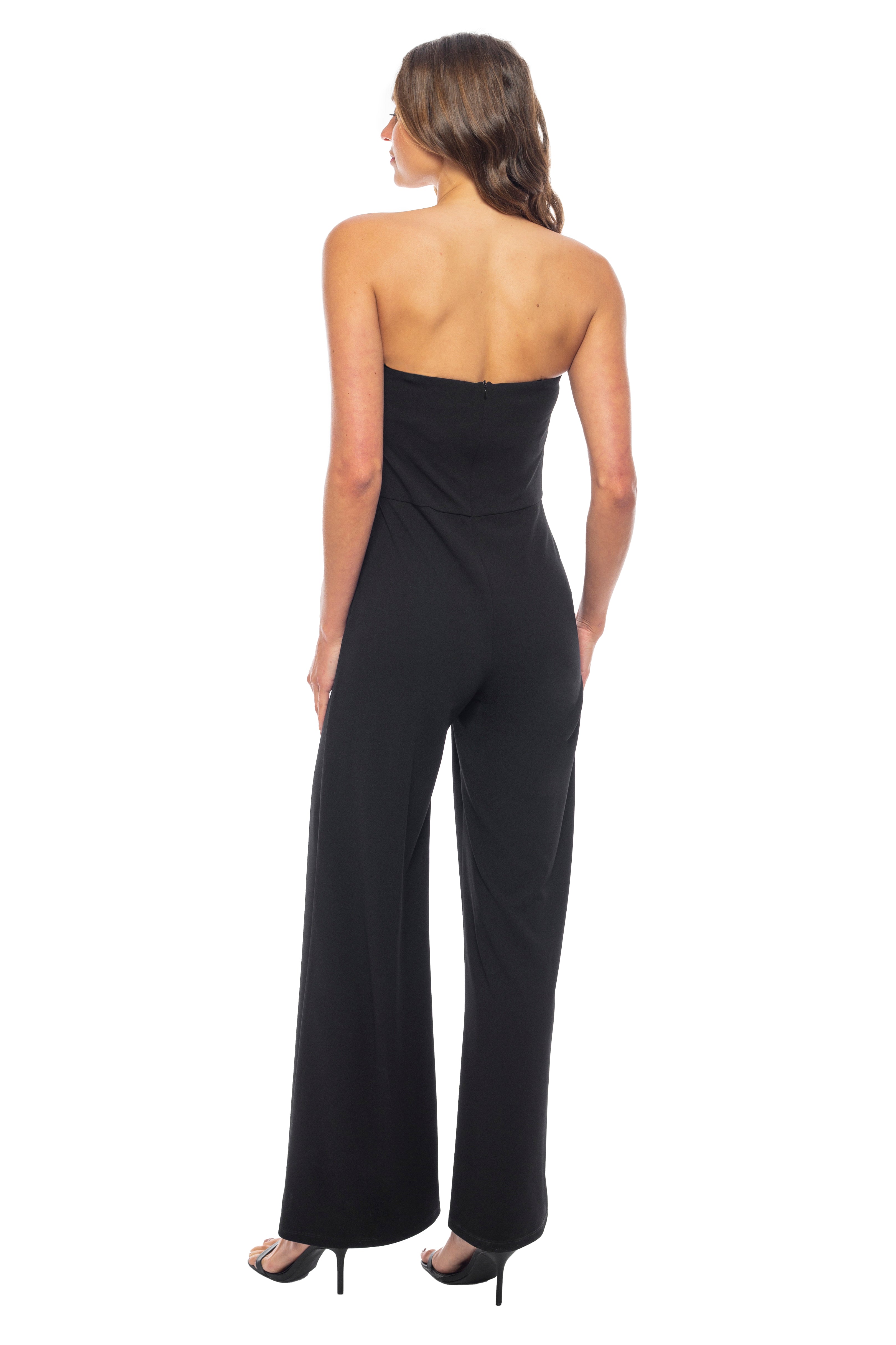 Marina Strapless Sleeveless Beaded Bodice Back Zipper Closure Wide-Leg Straight Hemline Jumpsuit