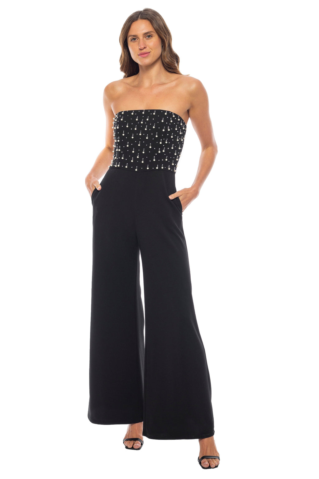 Marina Strapless Sleeveless Beaded Bodice Back Zipper Closure Wide-Leg Straight Hemline Jumpsuit