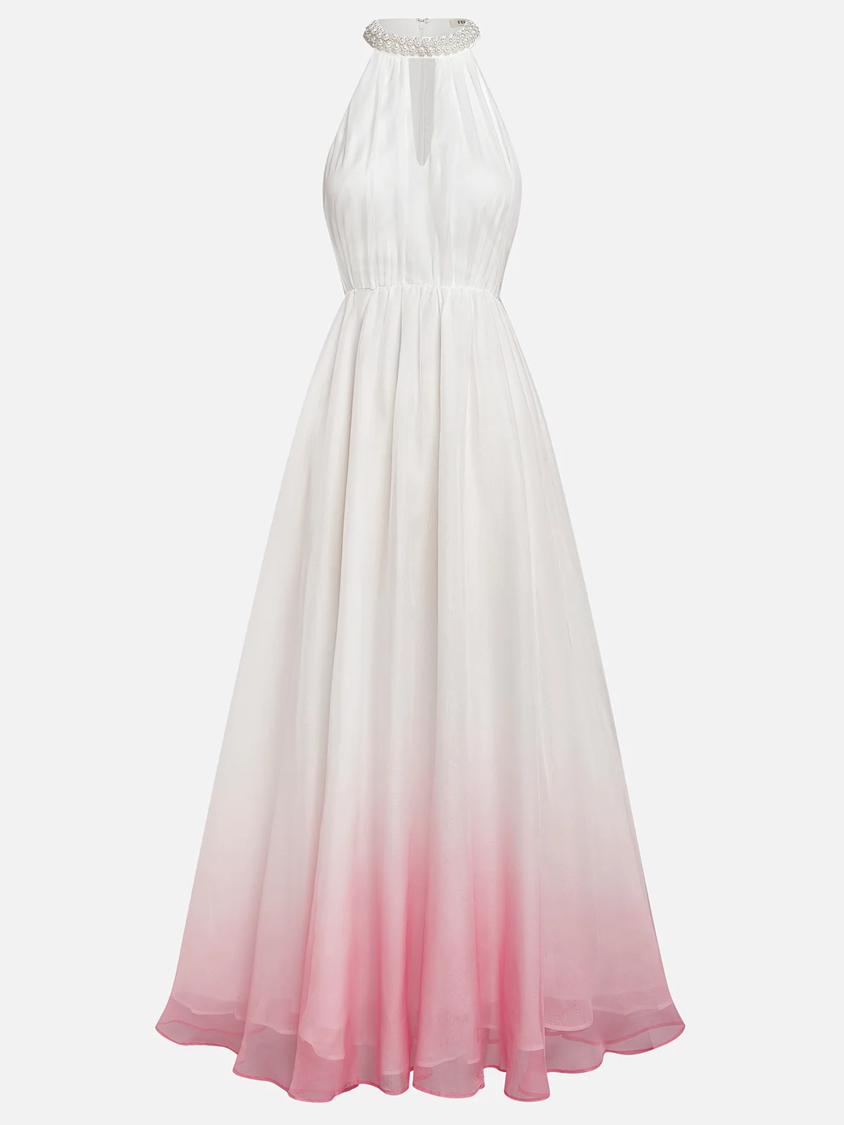 SUKIENKA MAXI RÓŻOWA OMBRE HALTER SZYFONOWA PEREŁKI ELEGANCKA