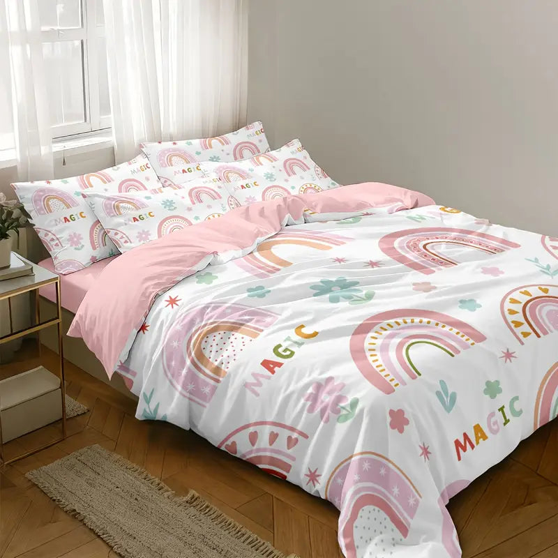 Zestaw pościeli z motywem kreskówkowych różowych tęczy, słońca, księżyca i radosnych chmur, 3 sztuki 135 x 200