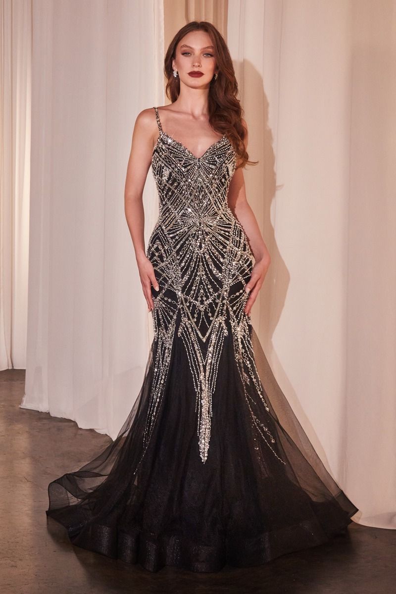 Black Evening Art Deco Beaded Maxi Tulle Gown with Spaghetti Straps & V-Neckline