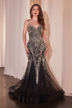 Black Evening Art Deco Beaded Maxi Tulle Gown with Spaghetti Straps & V-Neckline