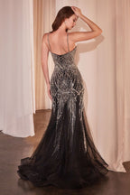 Black Evening Art Deco Beaded Maxi Tulle Gown with Spaghetti Straps & V-Neckline