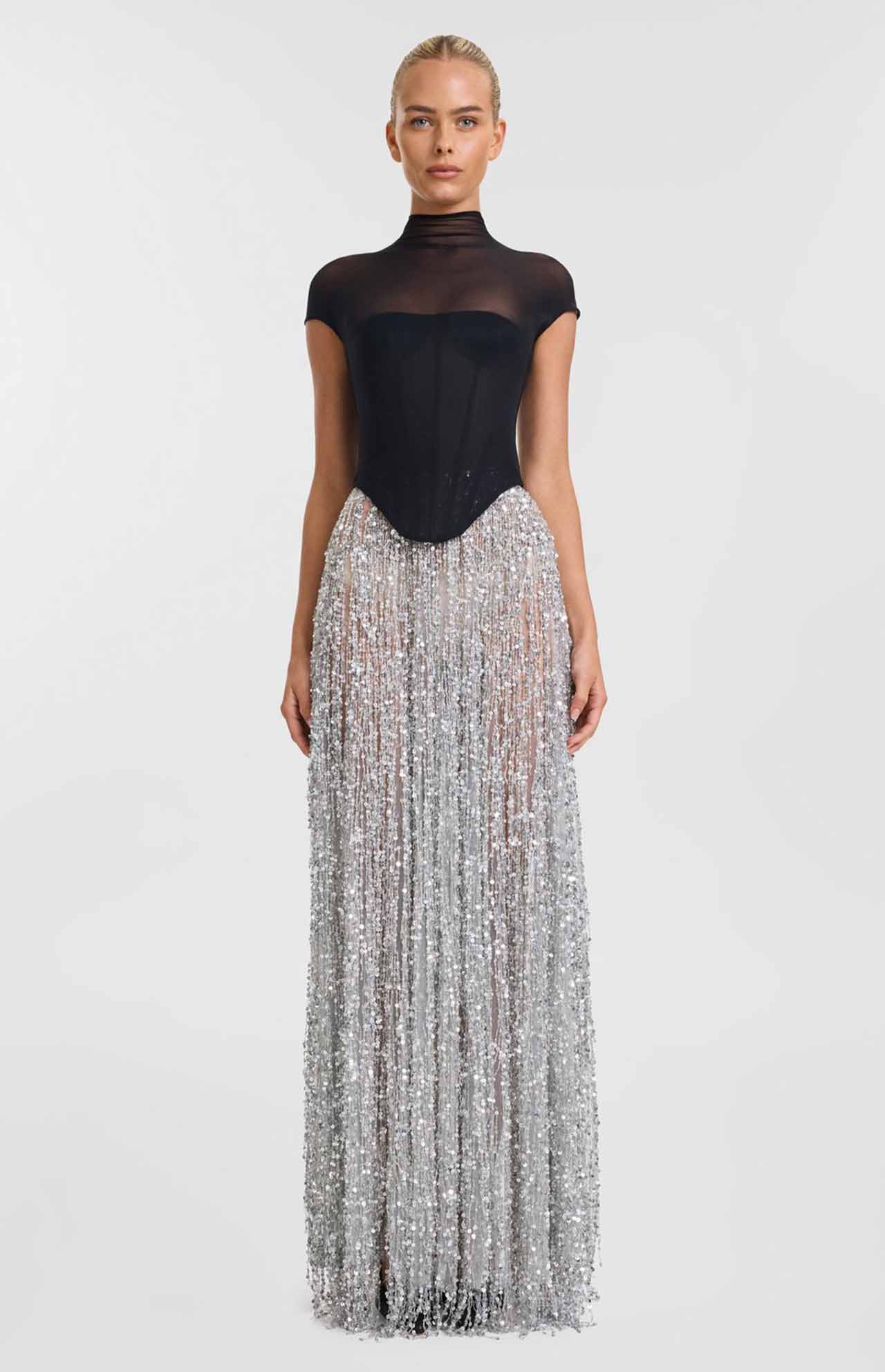 Auza Corset Top Silver Fringe Skirt Dress