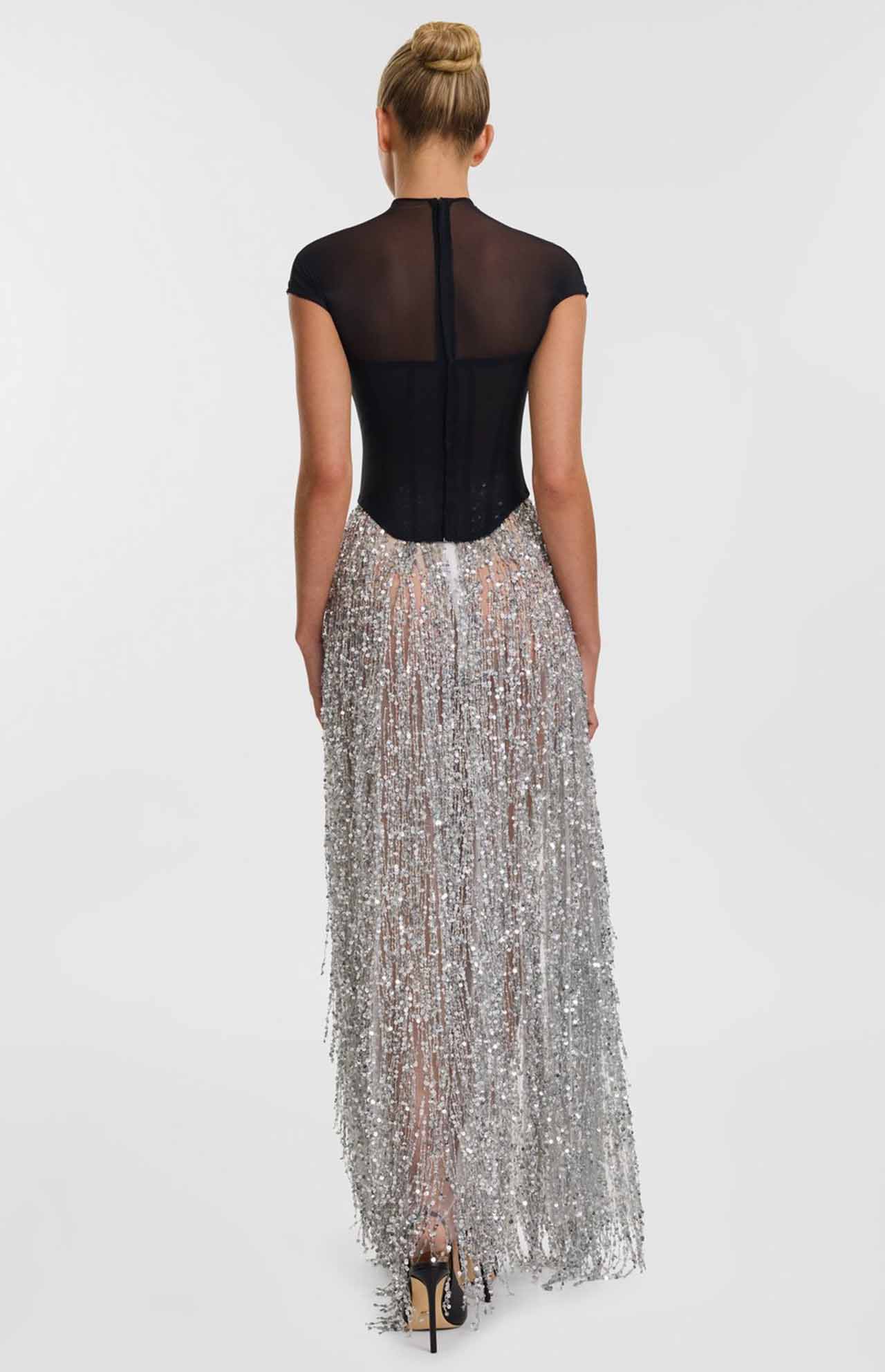 Auza Corset Top Silver Fringe Skirt Dress